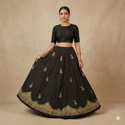 Sanskriti Vintage Black 100%Pure Silk Unstitched Lehenga Hand Embroidery Zardozi