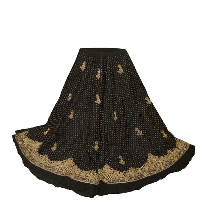 Sanskriti Vintage Black 100%Pure Silk Unstitched Lehenga Hand Embroidery Zardozi