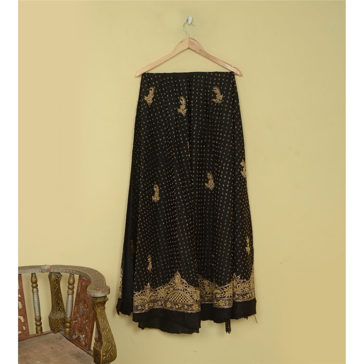 Sanskriti Vintage Black 100%Pure Silk Unstitched Lehenga Hand Embroidery Zardozi