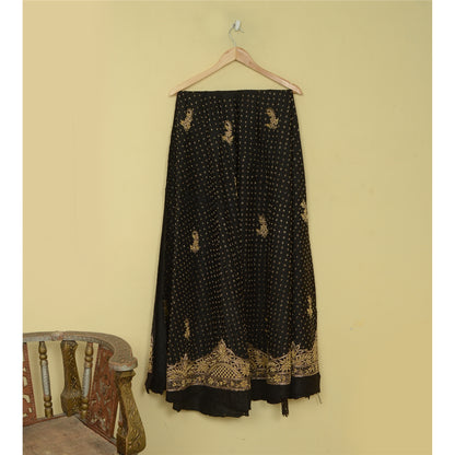 Sanskriti Vintage Black 100%Pure Silk Unstitched Lehenga Hand Embroidery Zardozi
