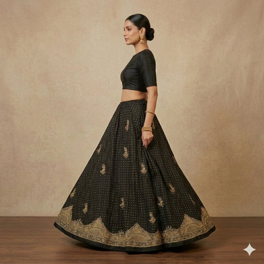 Sanskriti Vintage Black 100%Pure Silk Unstitched Lehenga Hand Embroidery Zardozi