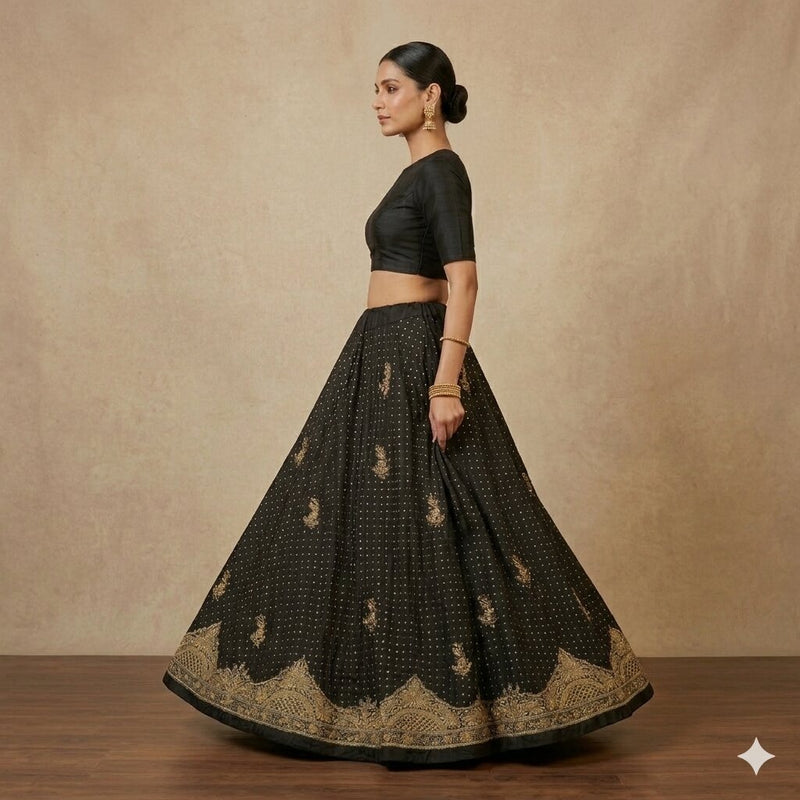 Sanskriti Vintage Black 100%Pure Silk Unstitched Lehenga Hand Embroidery Zardozi