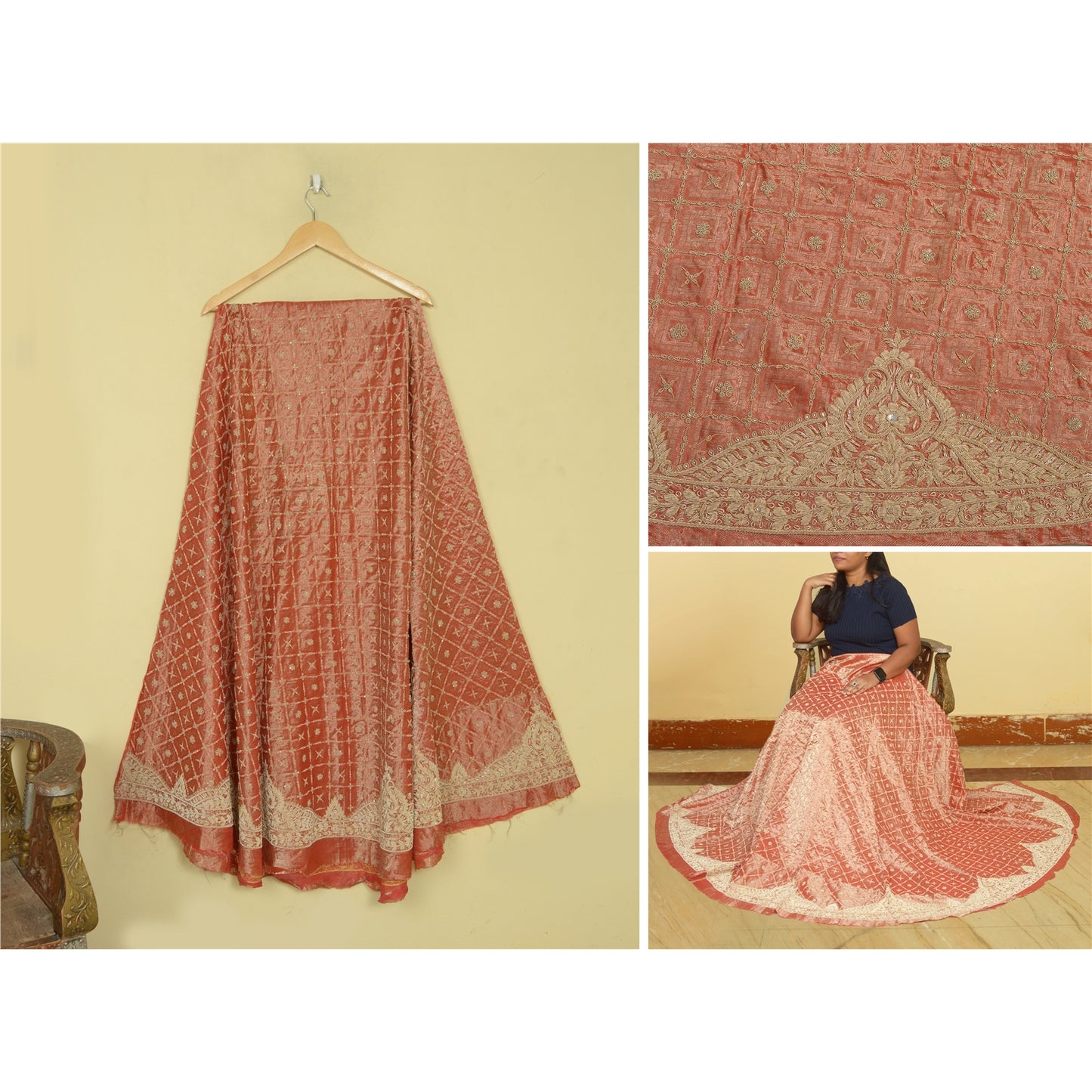 Sanskriti Vintage GoldPeach Pure Silk Unstitched Lehenga Hand Embroidery Zardozi