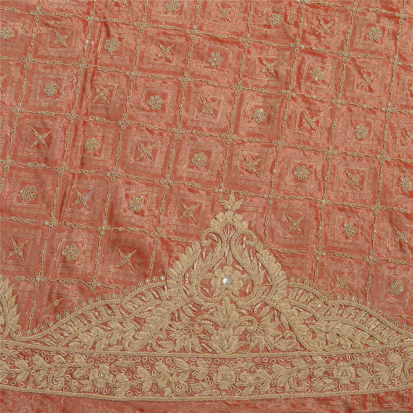 Sanskriti Vintage GoldPeach Pure Silk Unstitched Lehenga Hand Embroidery Zardozi