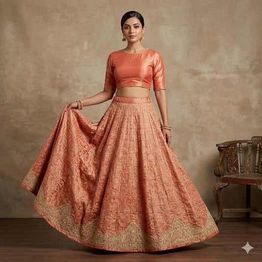 Sanskriti Vintage GoldPeach Pure Silk Unstitched Lehenga Hand Embroidery Zardozi