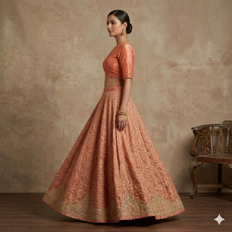 Sanskriti Vintage GoldPeach Pure Silk Unstitched Lehenga Hand Embroidery Zardozi