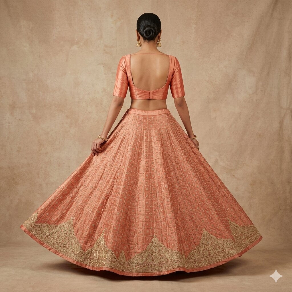 Sanskriti Vintage GoldPeach Pure Silk Unstitched Lehenga Hand Embroidery Zardozi
