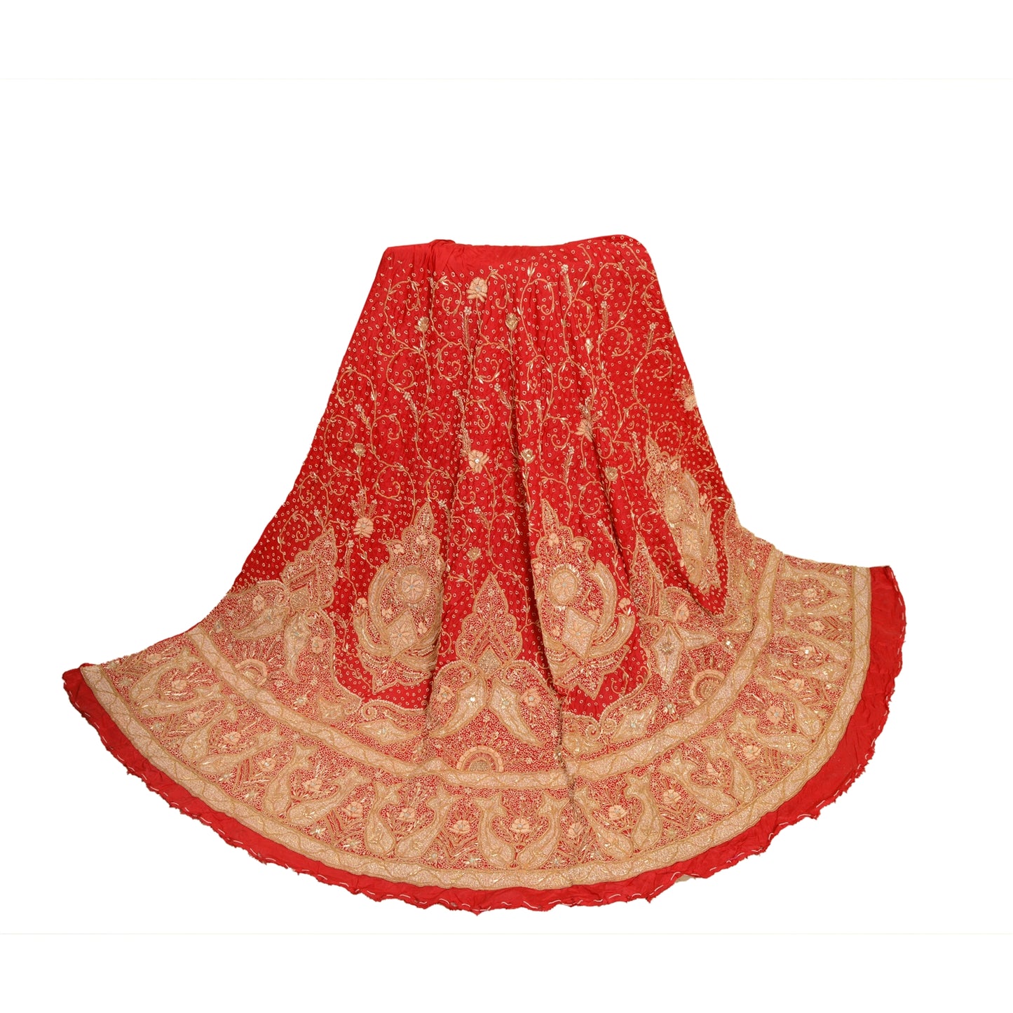 Sanskriti Vintage Red 100% Pure Silk Unstitched Lehenga Hand Embroidery Zardozi