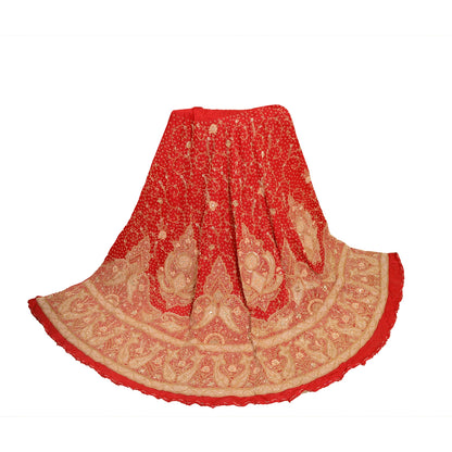 Sanskriti Vintage Red 100% Pure Silk Unstitched Lehenga Hand Embroidery Zardozi