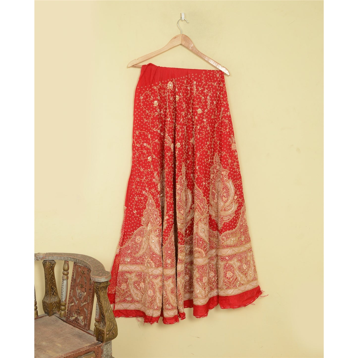 Sanskriti Vintage Red 100% Pure Silk Unstitched Lehenga Hand Embroidery Zardozi