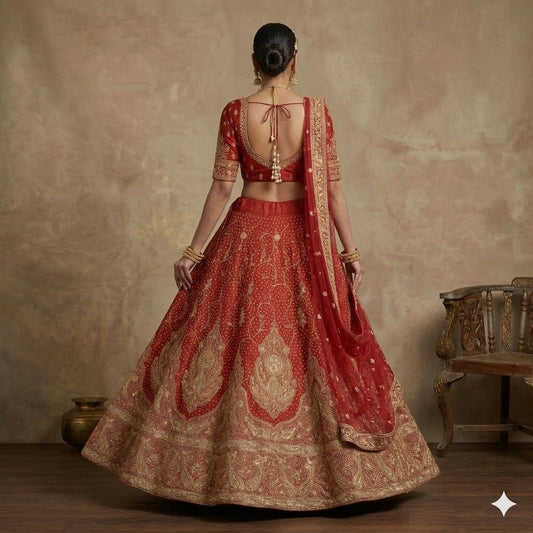 Sanskriti Vintage Red 100% Pure Silk Unstitched Lehenga Hand Embroidery Zardozi