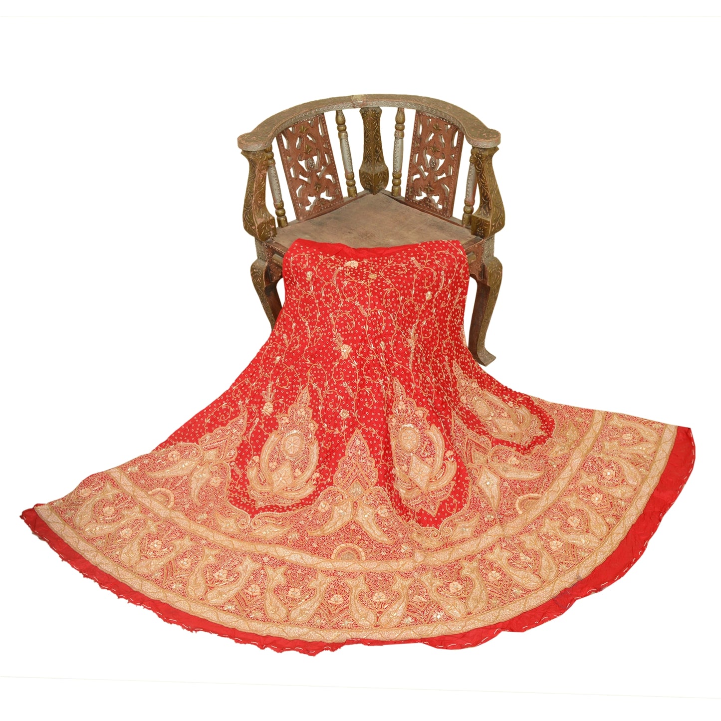 Sanskriti Vintage Red 100% Pure Silk Unstitched Lehenga Hand Embroidery Zardozi