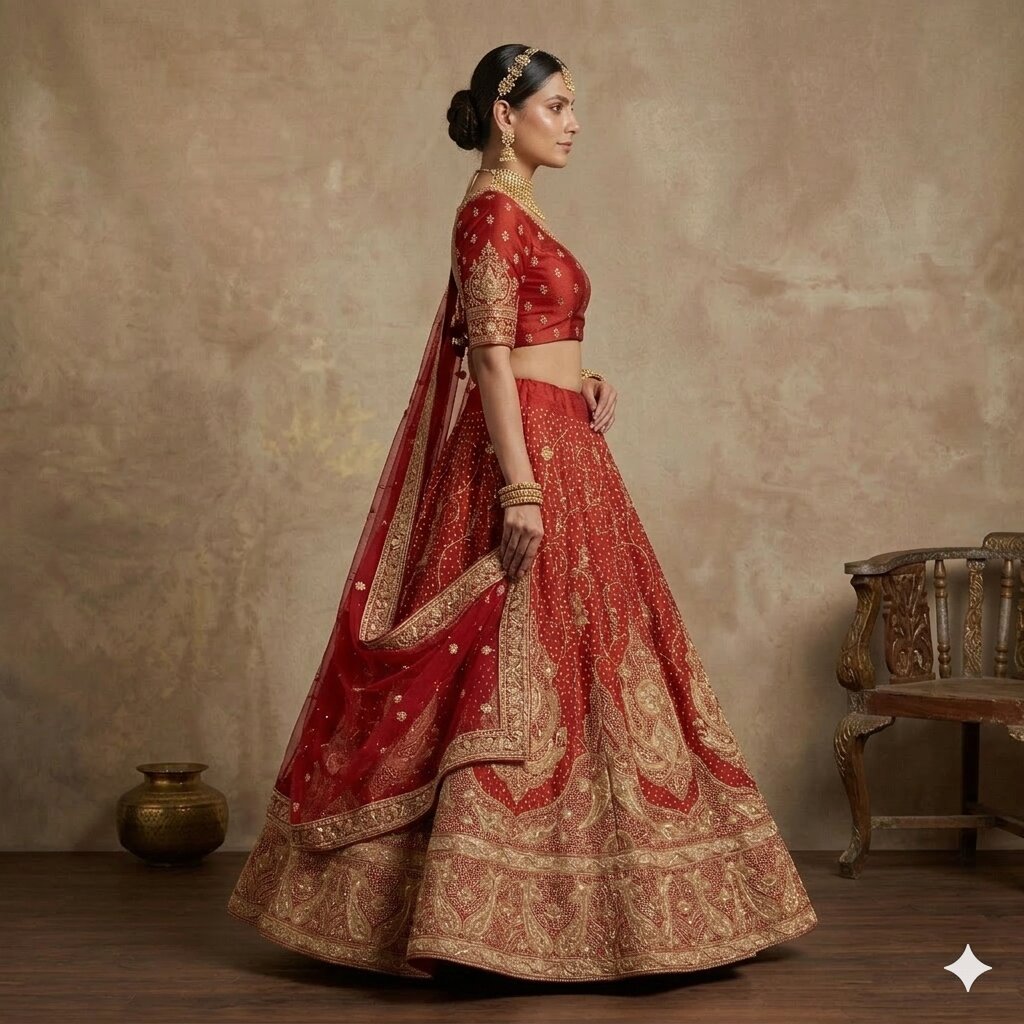 Sanskriti Vintage Red 100% Pure Silk Unstitched Lehenga Hand Embroidery Zardozi
