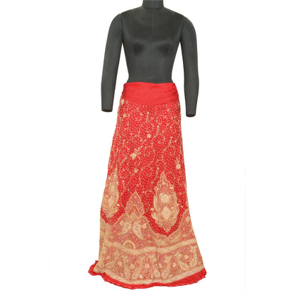Sanskriti Vintage Red 100% Pure Silk Unstitched Lehenga Hand Embroidery Zardozi