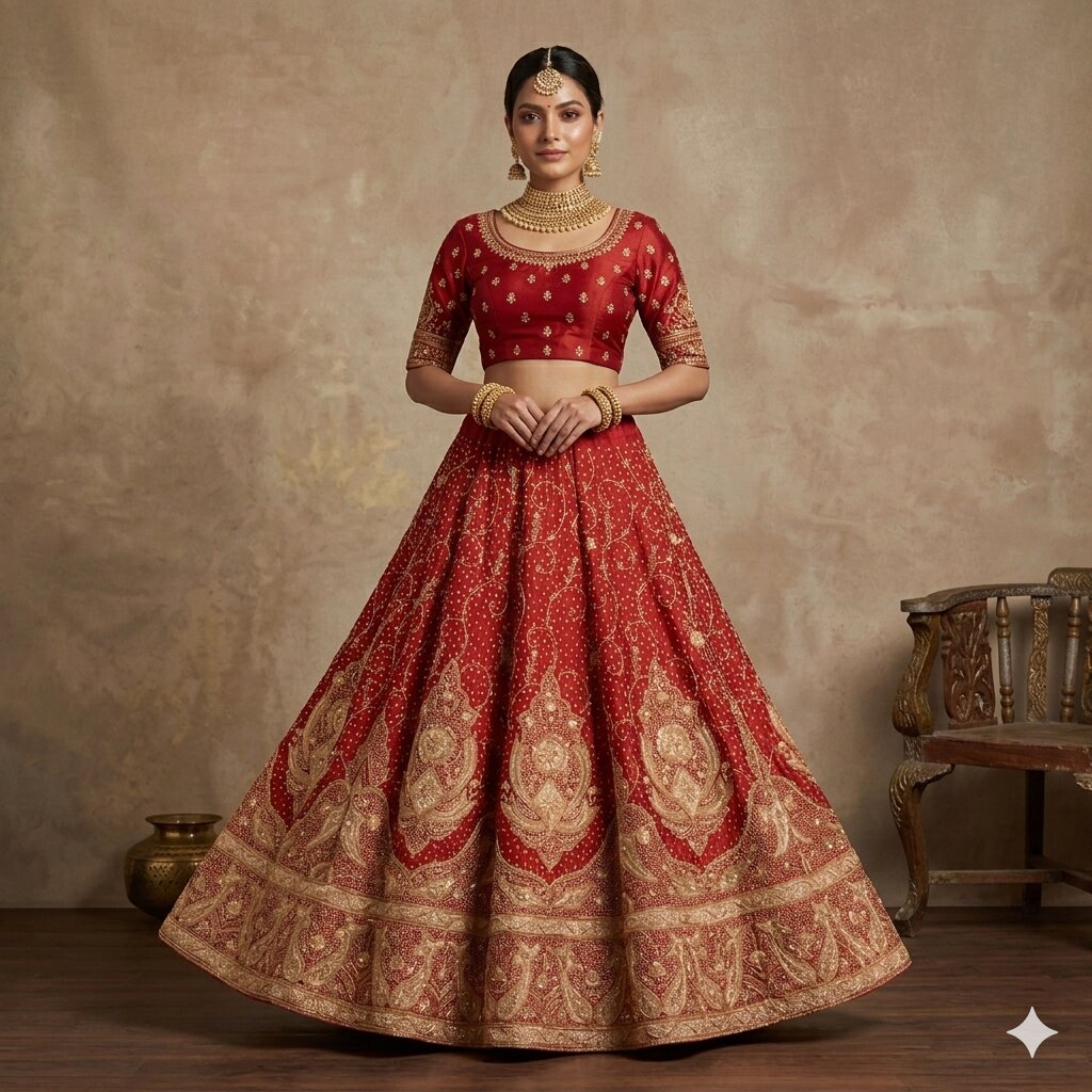 Sanskriti Vintage Red 100% Pure Silk Unstitched Lehenga Hand Embroidery Zardozi