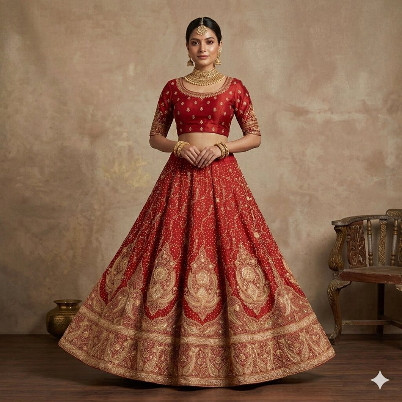 Sanskriti Vintage Red 100% Pure Silk Unstitched Lehenga Hand Embroidery Zardozi