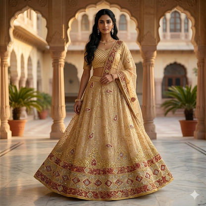 Sanskriti Vintage Golden Pure Silk Stitched Lehenga Hand Embroidered Zardozi