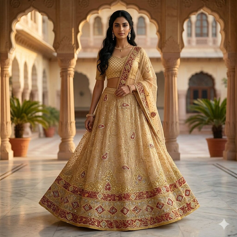 Sanskriti Vintage Golden Pure Silk Stitched Lehenga Hand Embroidered Zardozi