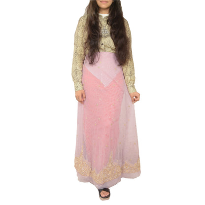 Sanskriti Vintage Pink Net Unstitched Lehenga Hand Embroidered Zardozi Dabka