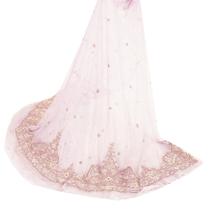 Sanskriti Vintage Pink Net Unstitched Lehenga Hand Embroidered Zardozi Dabka