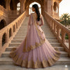 Sanskriti Vintage Pink Net Unstitched Lehenga Hand Embroidered Zardozi Dabka