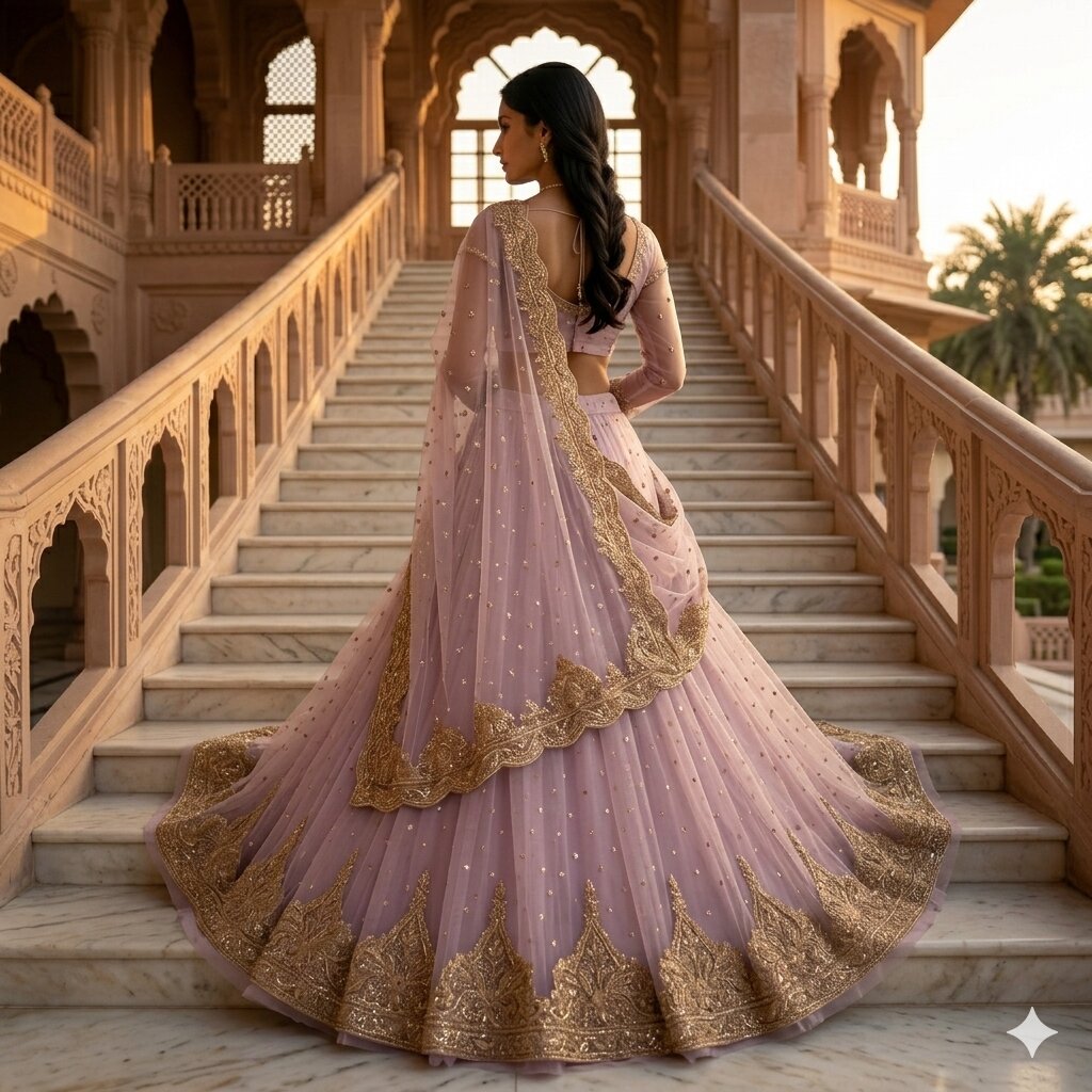Sanskriti Vintage Pink Net Unstitched Lehenga Hand Embroidered Zardozi Dabka