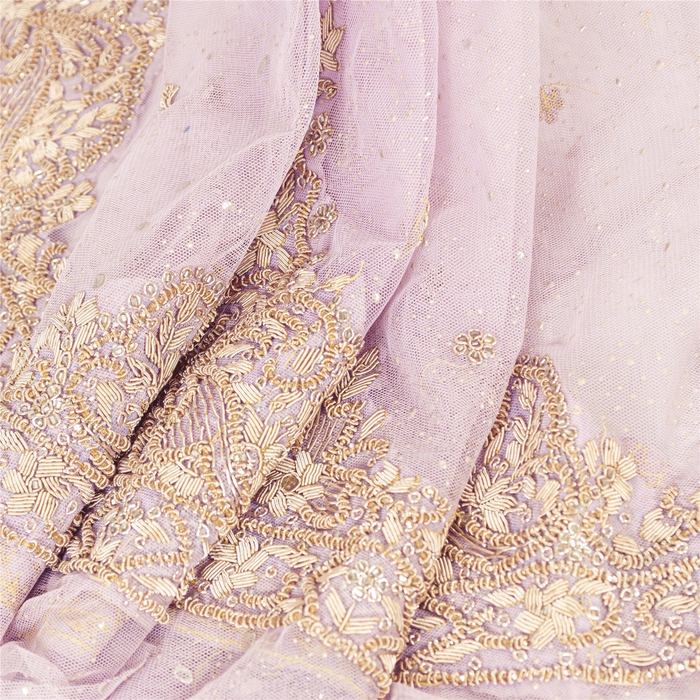 Sanskriti Vintage Pink Net Unstitched Lehenga Hand Embroidered Zardozi Dabka