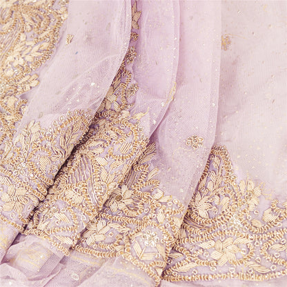 Sanskriti Vintage Pink Net Unstitched Lehenga Hand Embroidered Zardozi Dabka