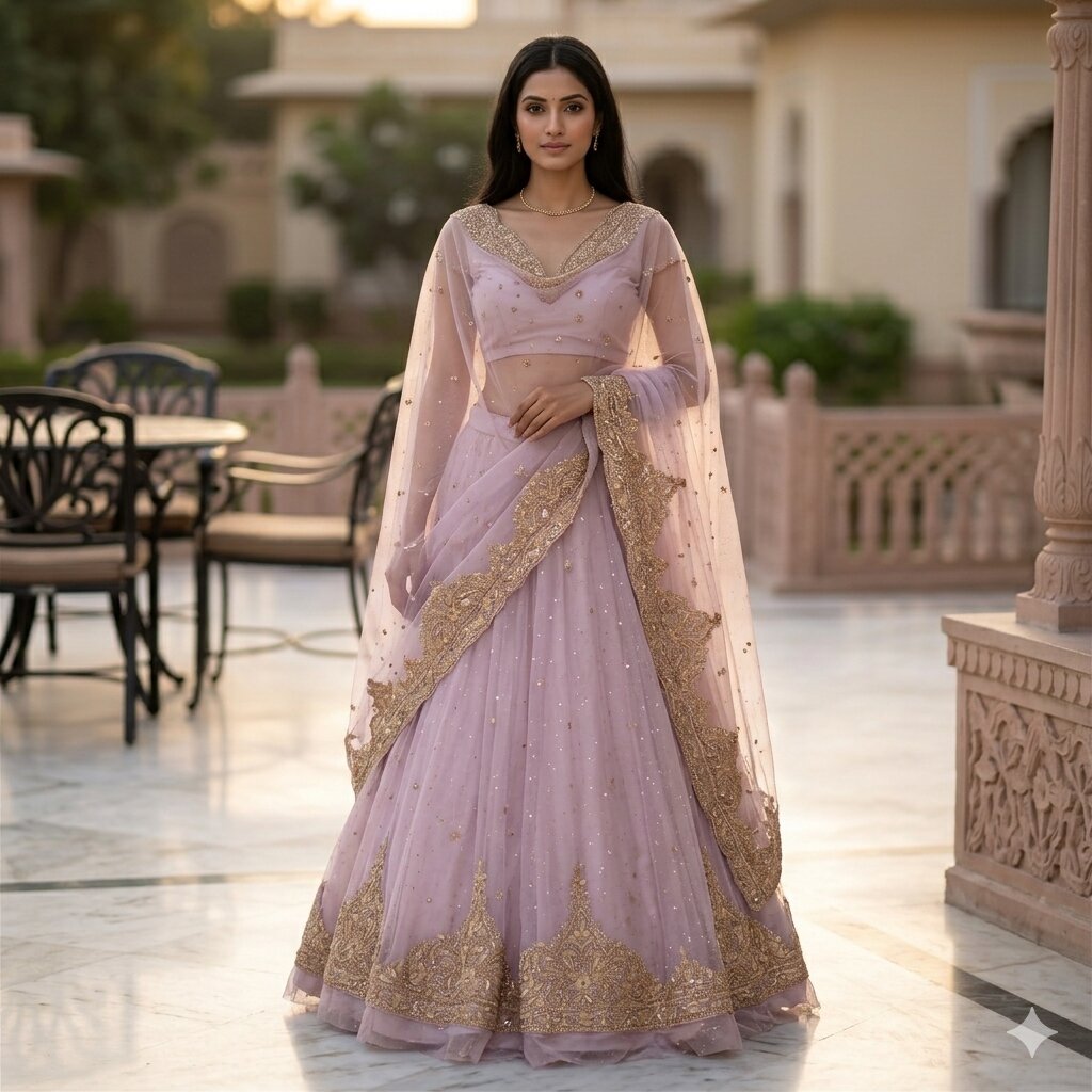 Sanskriti Vintage Pink Net Unstitched Lehenga Hand Embroidered Zardozi Dabka