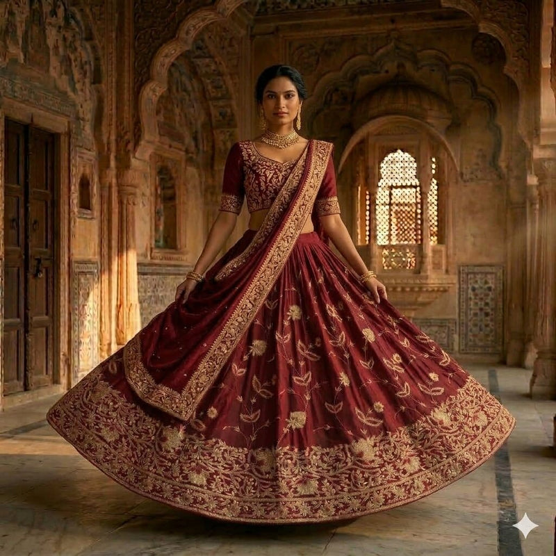 Sanskriti Vintage Dark Red Pure Silk Unstitched Lehenga Hand Embroidery Zardozi