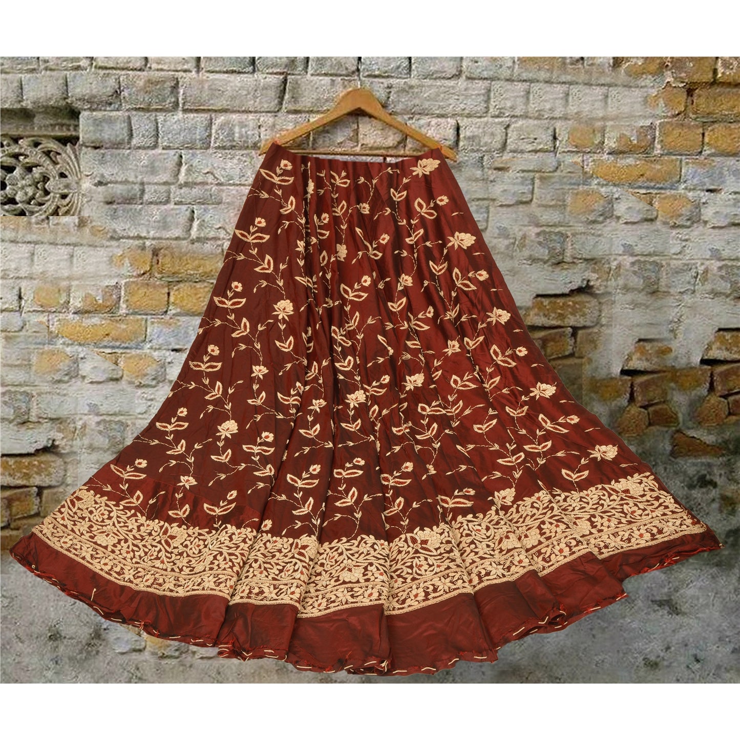 Sanskriti Vintage Dark Red Pure Silk Unstitched Lehenga Hand Embroidery Zardozi