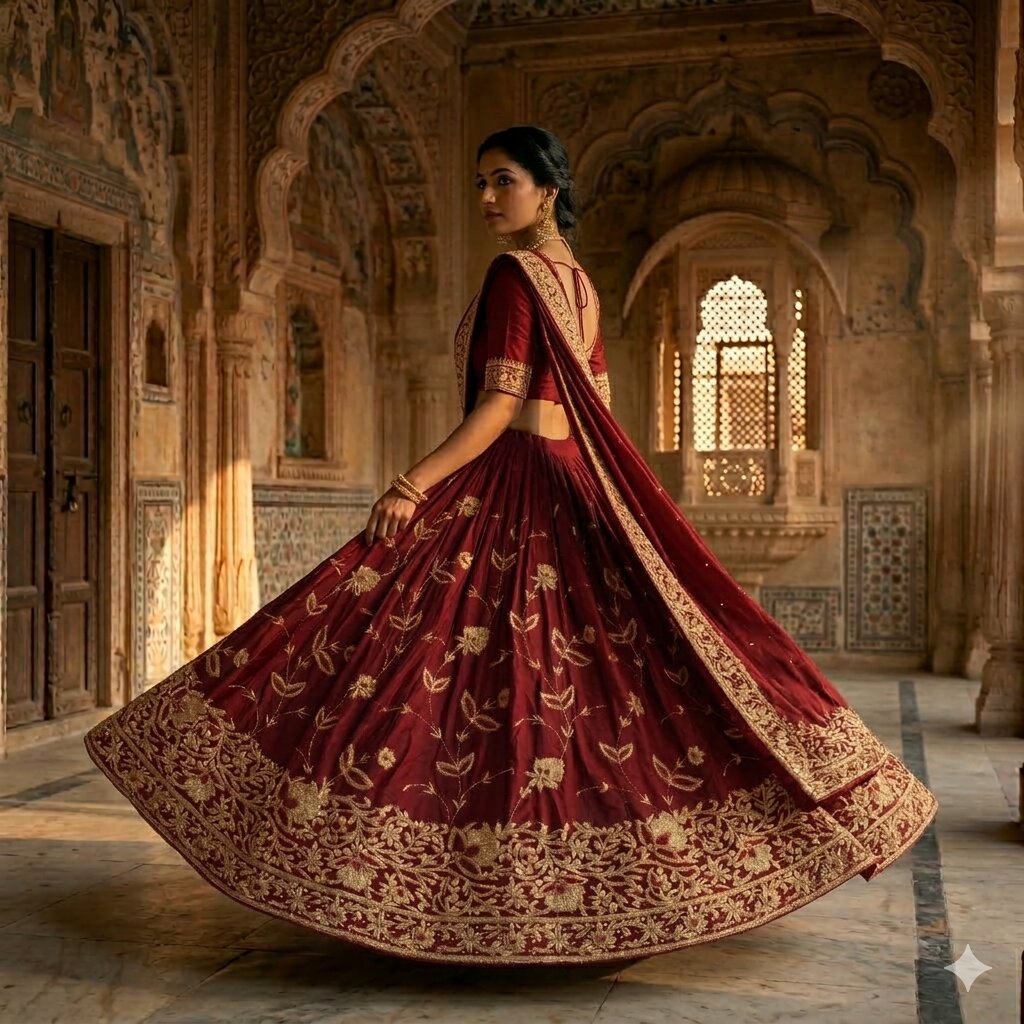 Sanskriti Vintage Dark Red Pure Silk Unstitched Lehenga Hand Embroidery Zardozi