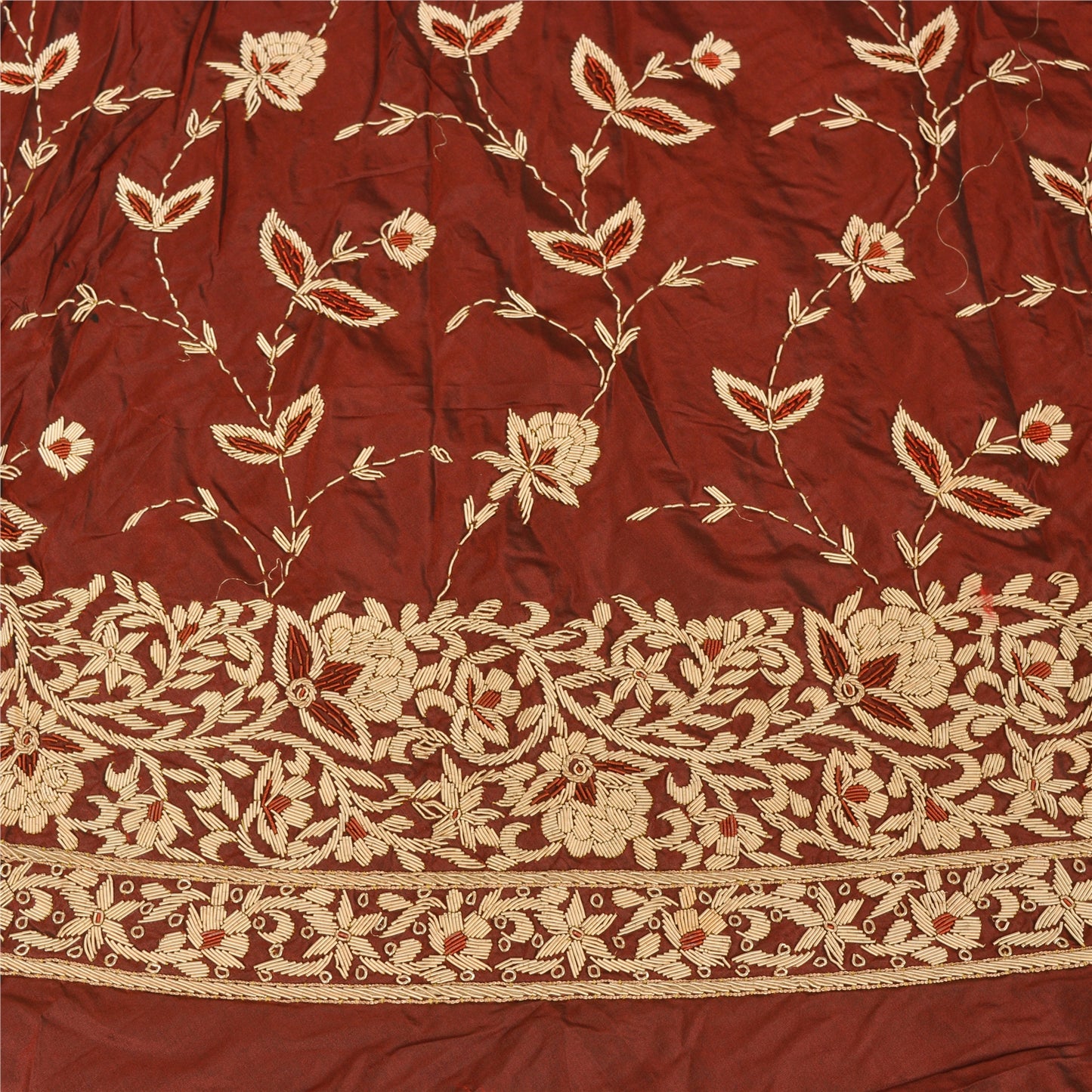 Sanskriti Vintage Dark Red Pure Silk Unstitched Lehenga Hand Embroidery Zardozi