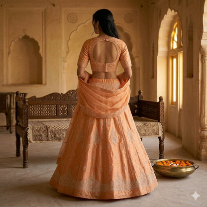 Sanskriti Vintage Orange Pure Silk Unstitched Lehenga Hand Embroidered Zardozi