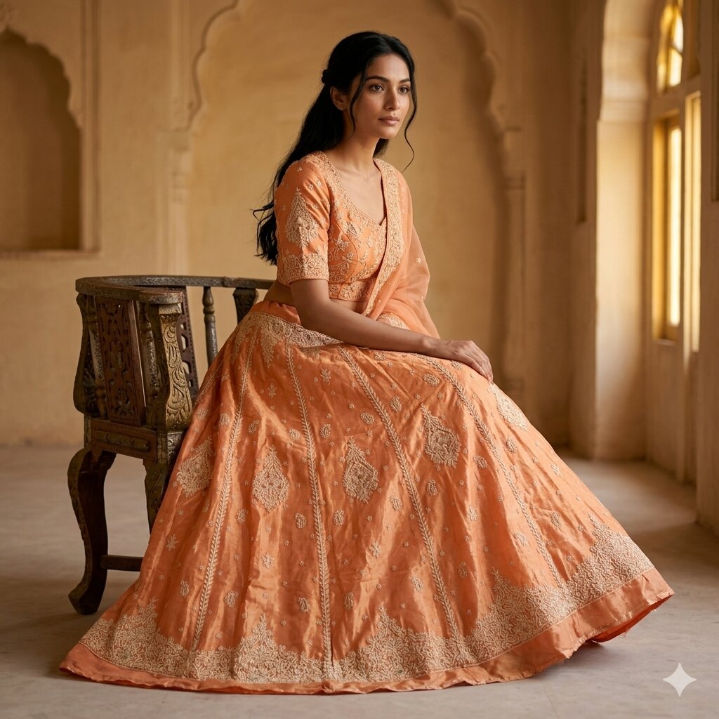 Sanskriti Vintage Orange Pure Silk Unstitched Lehenga Hand Embroidered Zardozi