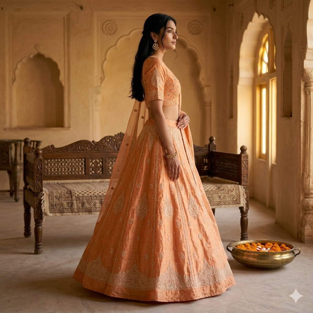 Sanskriti Vintage Orange Pure Silk Unstitched Lehenga Hand Embroidered Zardozi