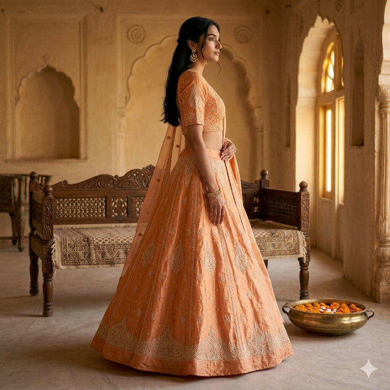 Sanskriti Vintage Orange Pure Silk Unstitched Lehenga Hand Embroidered Zardozi