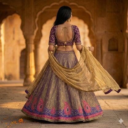 Sanskriti Vintage Purple Art Silk Unstitched Lehenga Hand Embroidery ZariZardozi