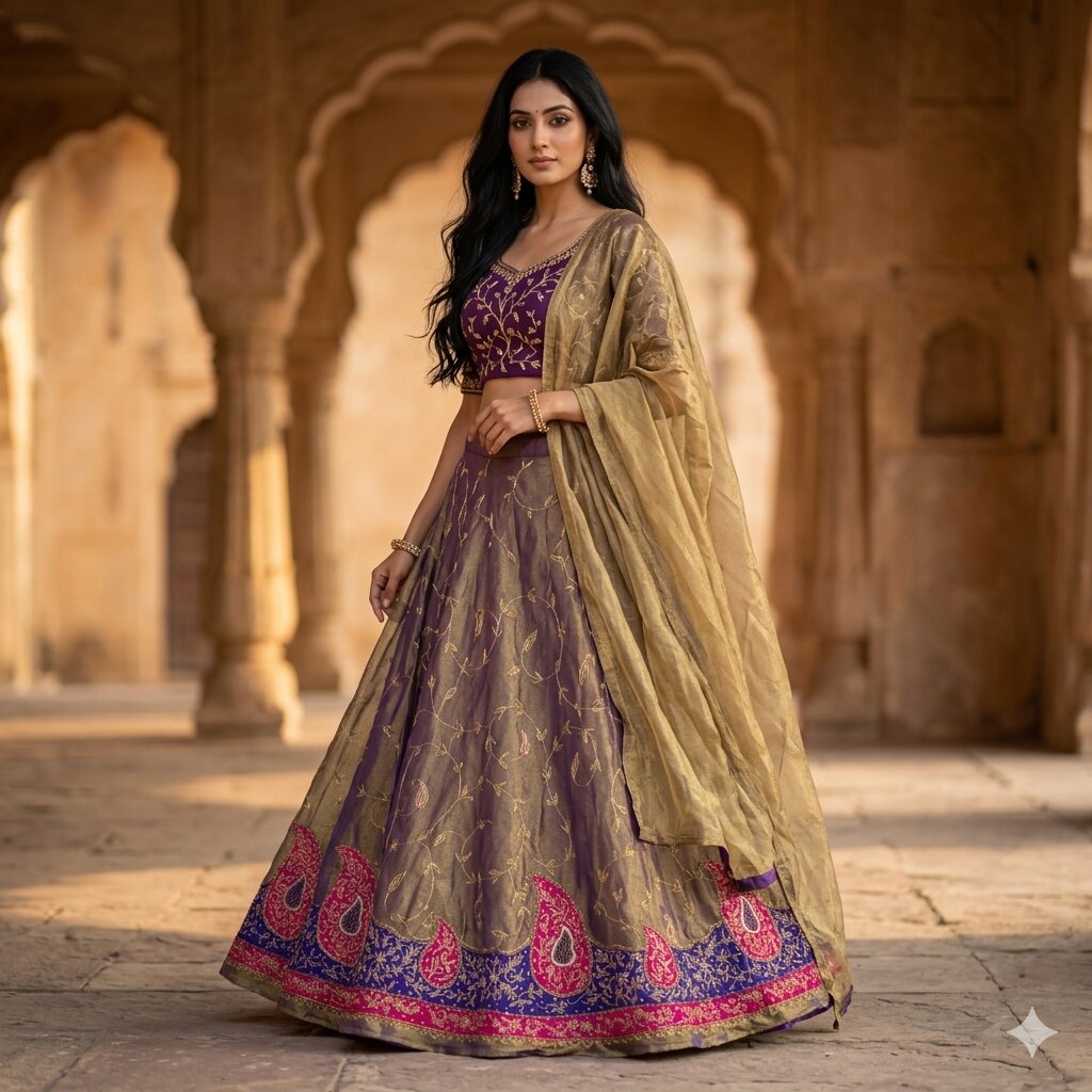 Sanskriti Vintage Purple Art Silk Unstitched Lehenga Hand Embroidery ZariZardozi