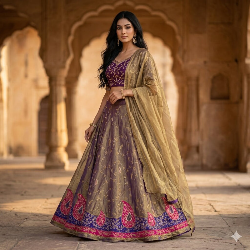 Sanskriti Vintage Purple Art Silk Unstitched Lehenga Hand Embroidery ZariZardozi