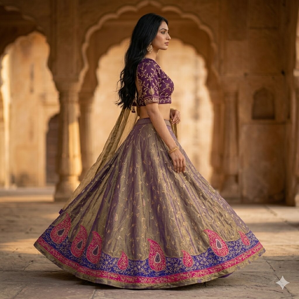 Sanskriti Vintage Purple Art Silk Unstitched Lehenga Hand Embroidery ZariZardozi