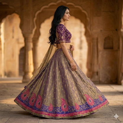 Sanskriti Vintage Purple Art Silk Unstitched Lehenga Hand Embroidery ZariZardozi