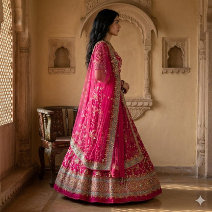 Sanskriti Vintage Pink Georgette Unstitched Lehenga Hand Embroidered Stones Zari