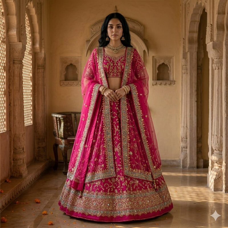 Sanskriti Vintage Pink Georgette Unstitched Lehenga Hand Embroidered Stones Zari