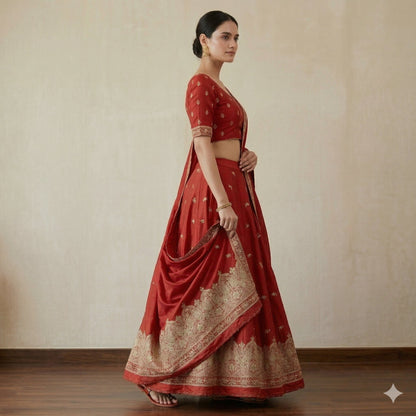 Sanskriti Vintage Red 100% Pure Silk Unstitched Lehenga Hand Embroidered Zardozi