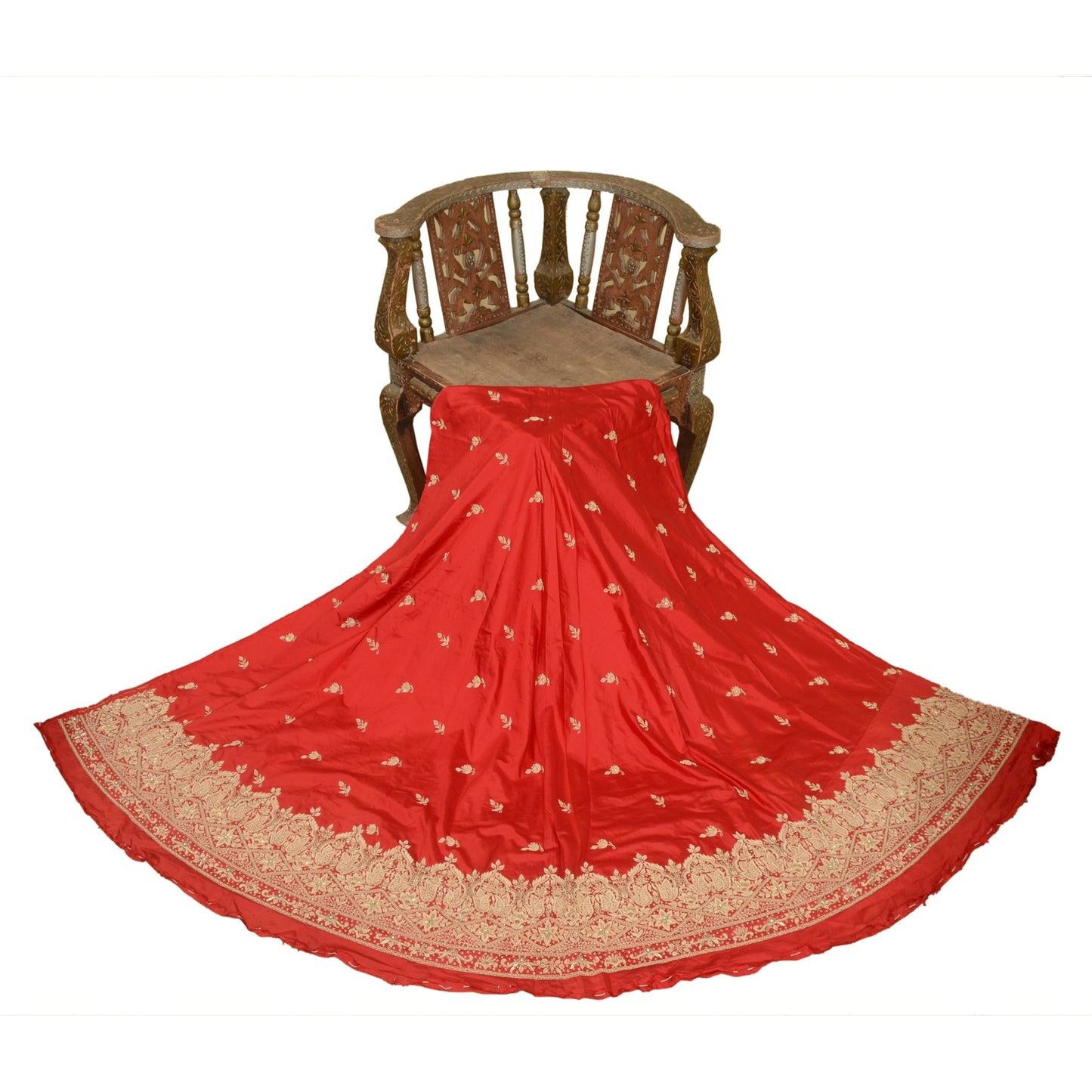 Sanskriti Vintage Red 100% Pure Silk Unstitched Lehenga Hand Embroidered Zardozi
