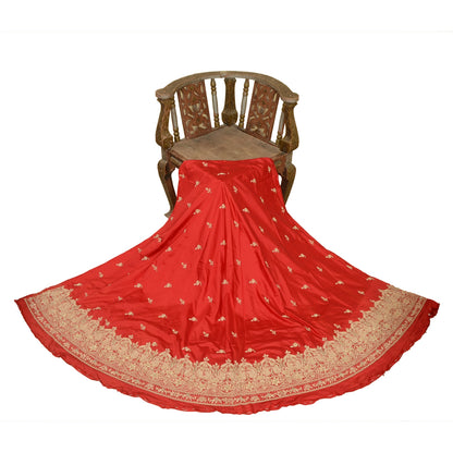 Sanskriti Vintage Red 100% Pure Silk Unstitched Lehenga Hand Embroidered Zardozi
