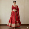 Sanskriti Vintage Red 100% Pure Silk Unstitched Lehenga Hand Embroidered Zardozi