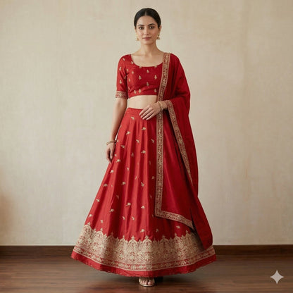 Sanskriti Vintage Red 100% Pure Silk Unstitched Lehenga Hand Embroidered Zardozi