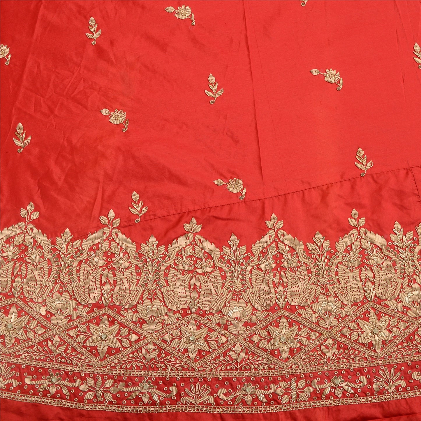 Sanskriti Vintage Red 100% Pure Silk Unstitched Lehenga Hand Embroidered Zardozi